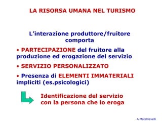 LA RISORSA UMANA NEL TURISMO



    L’interazione produttore/fruitore
                comporta
• PARTECIPAZIONE del fruitore alla
produzione ed erogazione del servizio
• SERVIZIO PERSONALIZZATO
• Presenza di ELEMENTI IMMATERIALI
impliciti (es.psicologici)

       Identificazione del servizio
       con la persona che lo eroga

                                        A.Macchiavelli
 
