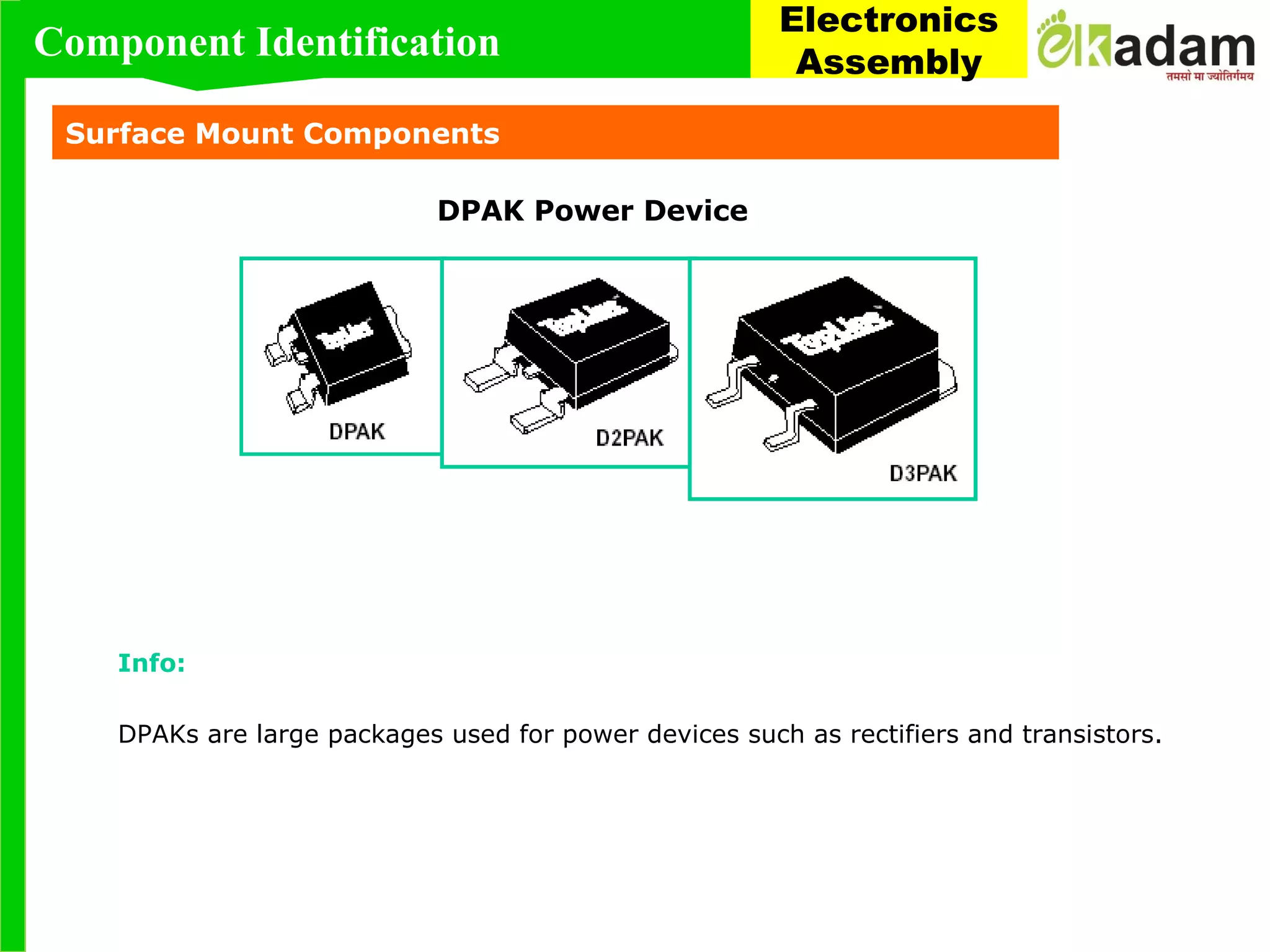 Info:
DPAKs are large packages used for power devices such as rectifiers and transistors.
Surface Mount Components
DPAK Power Device
Component Identification
Electronics
Assembly
 