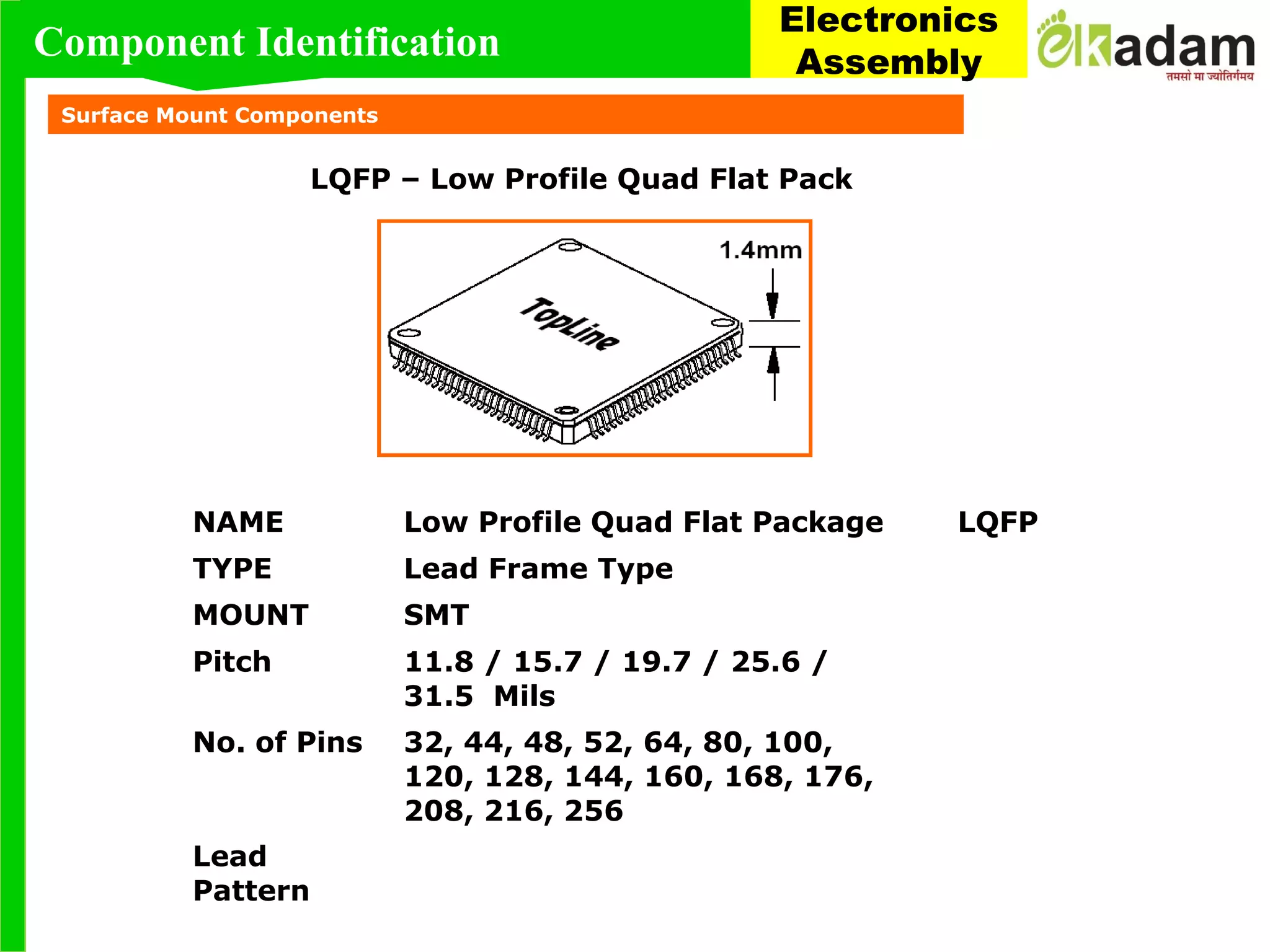 Surface Mount Components
LQFP – Low Profile Quad Flat Pack
NAME Low Profile Quad Flat Package LQFP
TYPE Lead Frame Type
MOUNT SMT
Pitch 11.8 / 15.7 / 19.7 / 25.6 /
31.5 Mils
No. of Pins 32, 44, 48, 52, 64, 80, 100,
120, 128, 144, 160, 168, 176,
208, 216, 256
Lead
Pattern
Component Identification
Electronics
Assembly
 