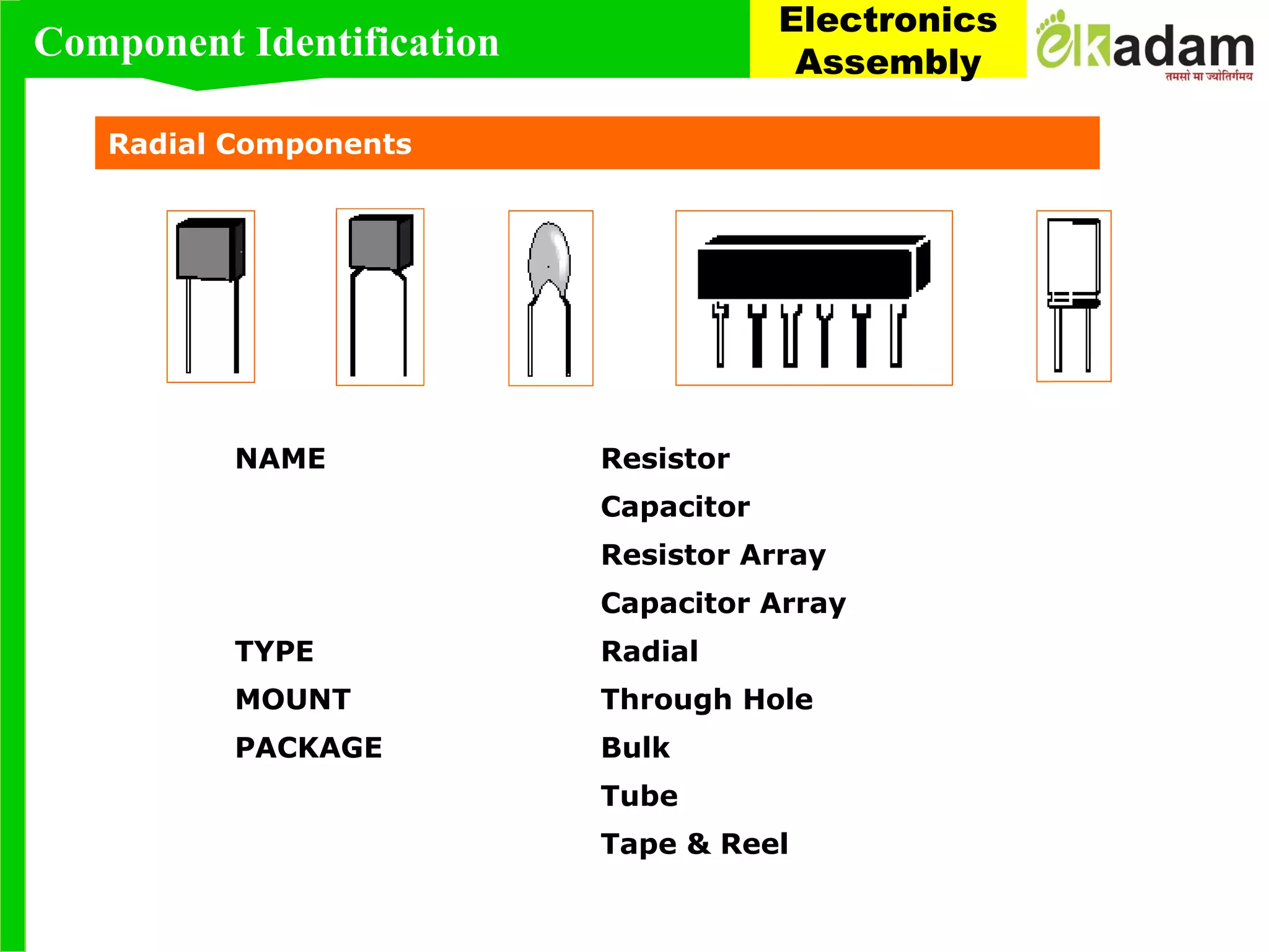 NAME Resistor
Capacitor
Resistor Array
Capacitor Array
TYPE Radial
MOUNT Through Hole
PACKAGE Bulk
Tube
Tape & Reel
Radial Components
Component Identification
Electronics
Assembly
 