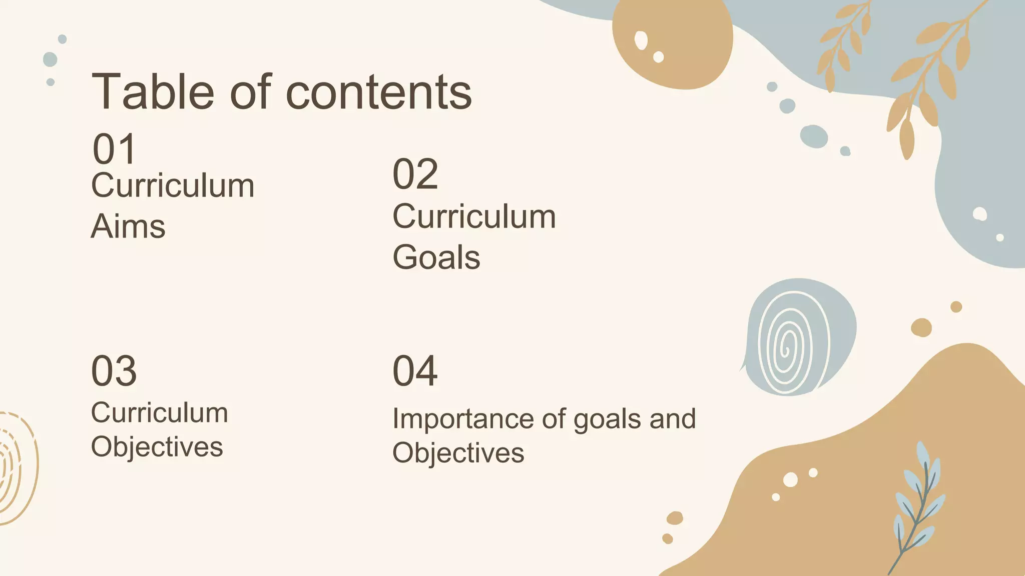 Curriculum
Aims
01
02
03 04
Table of contents
Curriculum
Goals
Curriculum
Objectives
Importance of goals and
Objectives
 