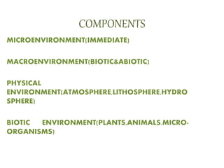 COMPONENTS
MICROENVIRONMENT(IMMEDIATE)
MACROENVIRONMENT(BIOTIC&ABIOTIC)
PHYSICAL
ENVIRONMENT(ATMOSPHERE,LITHOSPHERE,HYDRO
SPHERE)
BIOTIC ENVIRONMENT(PLANTS,ANIMALS.MICRO-
ORGANISMS)
 