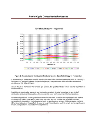 Power Cycle Components/Processes
-- 11 --
Figure 2 - Reactants and Combustion Products Species Specific Enthalpy vs Temperature
It is interesting to note that the specific enthalpy value for basic combustion elements such as carbon (C),
hydrogen (H2), sulfur (S), oxygen (O2) and nitrogen (N2) is equal to zero at the standard combustion
conditions of 298 [K] and 1 [atm].
Also, it should be mentioned that for ideal gas species, the specific enthalpy values are only dependent on
the temperature.
In addition to knowing the reactants and combustion products physical properties, for any kind of
combustion analysis and calculations, it is important to know both oxidant and fuel compositions.
Oxidant composition is usually given on the mole/volume basis. For solid and liquid type fuels, the fuel
composition is given on the weight basis for a unit mass amount. For the gas type fuels, the fuel
composition is provided on the mole/volume basis for a unit volume amount. In this analysis, methane
(CH4) is considered as the gas fuel. In order to keep the combustion analysis simple and straightforward,
the CH4 composition is provided on the weight basis.
 