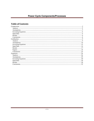 Power Cycle Components/Processes
-- 1 --
Table of Contents
Compression ..................................................................................................................................................................2
Analysis .....................................................................................................................................................................2
Assumptions...............................................................................................................................................................5
Governing Equations .................................................................................................................................................6
Input Data ..................................................................................................................................................................6
Results .......................................................................................................................................................................6
Conclusions................................................................................................................................................................8
Combustion....................................................................................................................................................................9
Analysis .....................................................................................................................................................................9
Assumptions.............................................................................................................................................................14
Governing Equations ...............................................................................................................................................15
Input Data ................................................................................................................................................................16
Results .....................................................................................................................................................................17
Figures .....................................................................................................................................................................18
Conclusions..............................................................................................................................................................25
Expansion ....................................................................................................................................................................26
Analysis ...................................................................................................................................................................26
Assumptions.............................................................................................................................................................29
Governing Equations ...............................................................................................................................................30
Input Data ................................................................................................................................................................30
Results .....................................................................................................................................................................30
Conclusions..............................................................................................................................................................32
 