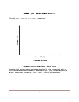 Power Cycle Components/Processes
-- 27 --
Figure 2 presents an expansion temperature vs entropy diagram.
Figure 2 - Expansion Temperature vs Entropy Diagram
Figure 3 presents expansion specific power output values for a few typical expansion ratio values. It
should be noted that the air enters the turbine at the temperature of 1,500 [K] and the turbine exhaust
pressure is always equal to the standard ambient pressure -- 1 [atm] of absolute pressure.
 