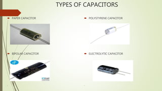 TYPES OF CAPACITORS
 PAPER CAPACITOR
 BIPOLAR CAPACITOR
.
 POLYSTYRENE CAPACITOR
 ELECTROLYTIC CAPACITOR
.
 