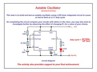Astable Oscillator
(practical activity)
This task is to build and test an astable oscillator using a 555 timer integrated circuit to cause
an led to flash at a 2:1 duty cycle.
On completing the circuit compare your results with others in the class. you may also wish to
investigate further by observing the effect of changing R1 for a value of your choice.
circuit diagram
The activity also provides support to your final achievement.
Gnd (0v)
VCC +12V
R1
150k
C1
10μF C2
10nF
Vcc
Gnd
output
threshold
discharge
trigger control
voltage
reset
6
7
2
1
8 4
3
5
R2150k R3
1k
LED
duty cycle = ‘on’ time
‘off’ time
 