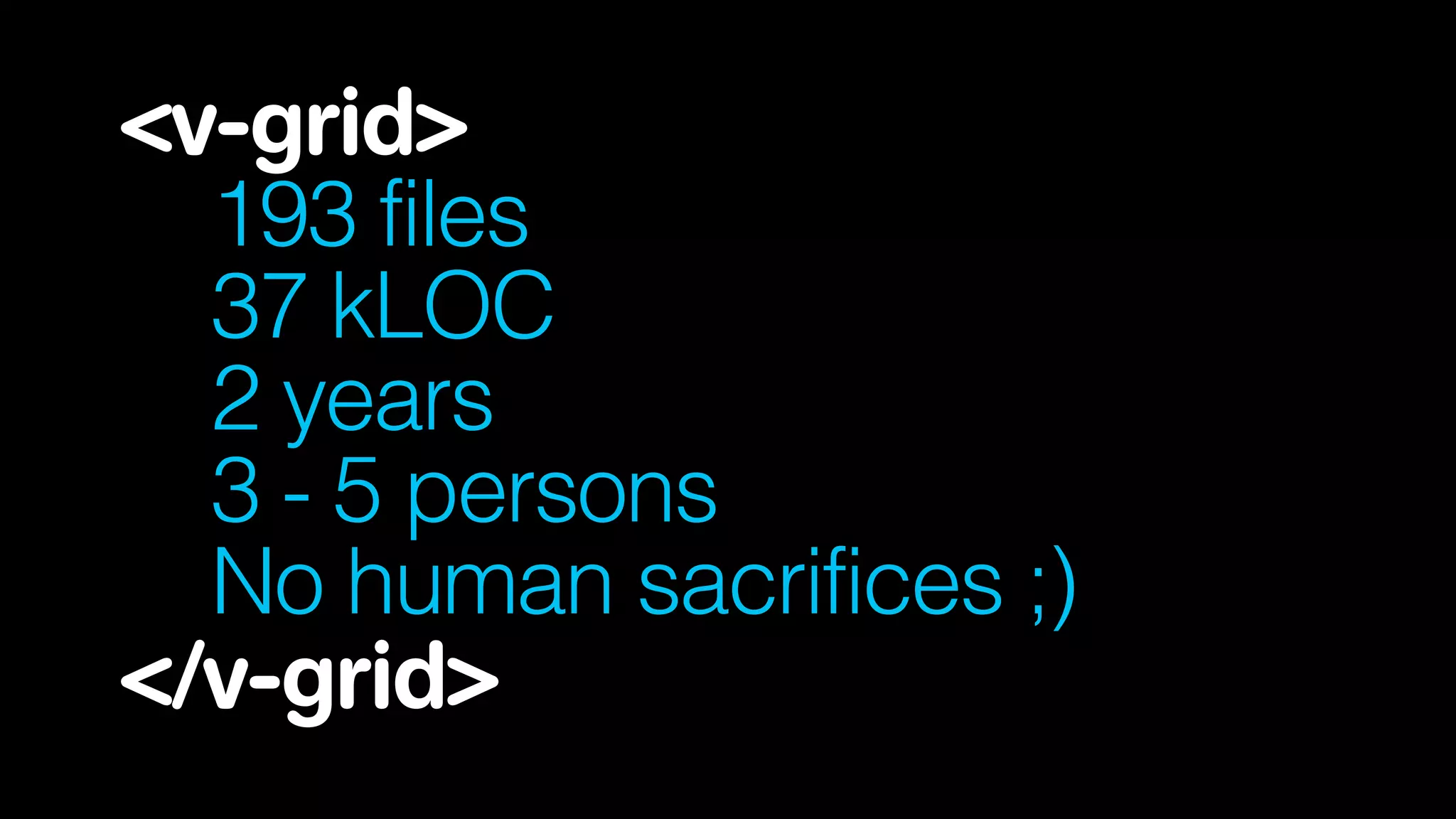 <v-grid> 
193 files
37 kLOC 
2 years 
3 - 5 persons
No human sacrifices ;) 
</v-grid>
 