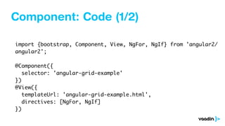 Component: Code (1/2)
import {bootstrap, Component, View, NgFor, NgIf} from 'angular2/
angular2';
@Component({
selector: 'angular-grid-example'
})
@View({
templateUrl: 'angular-grid-example.html',
directives: [NgFor, NgIf]
})
 