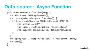 Data-source: Async Function
grid.data.source = function(req) {
var xhr = new XMLHttpRequest();
xhr.onreadystatechange = function() {
if (xhr.readyState == XMLHttpRequest.DONE &&
xhr.status == 200){
var json = JSON.parse(xhr.responseText);
req.success(json.results, dataSourceSize);
}
}
xhr.open("GET", "http://foo.com/" + req.count, true);
xhr.send();
};
 