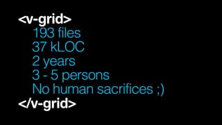 <v-grid> 
193 files
37 kLOC 
2 years 
3 - 5 persons
No human sacrifices ;) 
</v-grid>
 