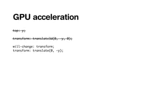 will-change: transform;
transform: translate(0, -y);
transform: translate3d(0, -y, 0);
top: y;
GPU acceleration
 