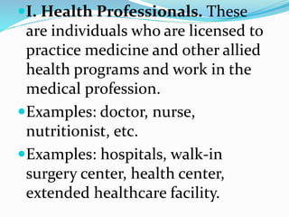 I. Health Professionals. These
are individuals who are licensed to
practice medicine and other allied
health programs and work in the
medical profession.
Examples: doctor, nurse,
nutritionist, etc.
Examples: hospitals, walk-in
surgery center, health center,
extended healthcare facility.
 