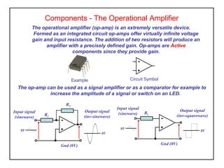 Components - The Operational Amplifier
The operational amplifier (op-amp) is an extremely versatile device.
Formed as an integrated circuit op-amps offer virtually infinite voltage
gain and input resistance. The addition of two resistors will produce an
amplifier with a precisely defined gain. Op-amps are Active
components since they provide gain.
The op-amp can be used as a signal amplifier or as a comparator for example to
increase the amplitude of a signal or switch on an LED.
Example Circuit Symbol
+
-
RF
Input signal
(sinewave)
Output signal
(inv-sinewave)
+
-
RI
Gnd (0V)
0V
0V
Input signal
(sinewave)
Output signal
(inv-squarewave)
+
-
RI
Gnd (0V)
0V
0V
 