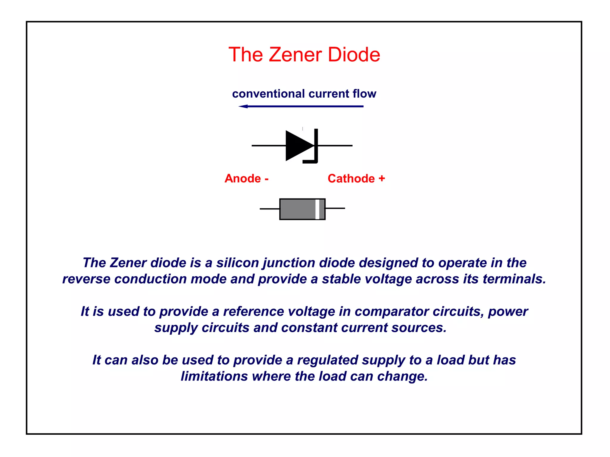 The Zener Diode
The Zener diode is a silicon junction diode designed to operate in the
reverse conduction mode and provide a stable voltage across its terminals.
It is used to provide a reference voltage in comparator circuits, power
supply circuits and constant current sources.
It can also be used to provide a regulated supply to a load but has
limitations where the load can change.
conventional current flow
Cathode +Anode -
 