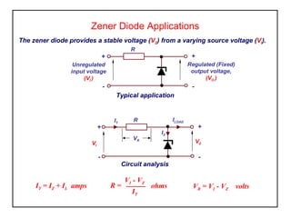 Zener Diode Applications
The zener diode provides a stable voltage (VZ) from a varying source voltage (VI).
Circuit analysis
ILOAD
IZ
R
+
-
+
-
VZ
IT
VI
VR
IT = IZ + IL amps ohmsR =
VI - VZ
IT
VR = VI - VZ volts
R
+
-
+
-
Regulated (Fixed)
output voltage,
(VO )
Unregulated
input voltage
(VI )
Typical application
 