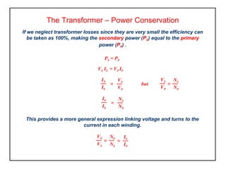 The Transformer – Power Conservation
If we neglect transformer losses since they are very small the efficiency can
be taken as 100%, making the secondary power (PS) equal to the primary
power (PP) .
VS
VP
NS
NP
==
PS = PP
VS IS = VP IP
but
IP
IS
=
VS
VP
IP
IS
=
NS
NP
This provides a more general expression linking voltage and turns to the
current in each winding.
VP
VS
NP
NS
==
IS
IP
=
 