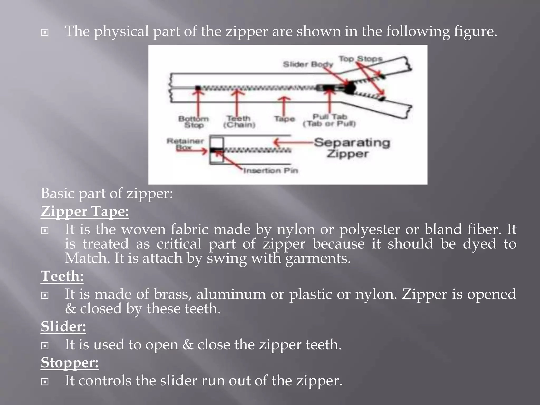  The physical part of the zipper are shown in the following figure.
Basic part of zipper:
Zipper Tape:
 It is the woven fabric made by nylon or polyester or bland fiber. It
is treated as critical part of zipper because it should be dyed to
Match. It is attach by swing with garments.
Teeth:
 It is made of brass, aluminum or plastic or nylon. Zipper is opened
& closed by these teeth.
Slider:
 It is used to open & close the zipper teeth.
Stopper:
 It controls the slider run out of the zipper.
 