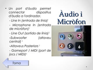• Un port d'àudio permet
  connectar           dispositius
  d'àudio a l'ordinador.            Àudio i
  - Line In (entrada de línia)1
  - Microphone In (entrada
                                    Micròfon
  de micròfon) 2
  - Line Out (sortida de línia) 3
  -Subwoofer           (altaveu     1   3   2
  central) 4
  -Altaveus Posteriors 5            4   5   6
  - Gameport / MIDI (port de
  jocs / MIDI) 6

     Torna
      Torna
 