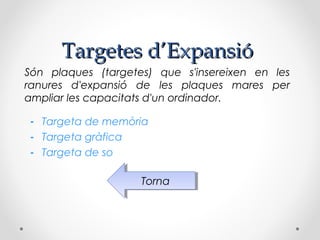 Targetes d’Expansió
Són plaques (targetes) que s'insereixen en les
ranures d'expansió de les plaques mares per
ampliar les capacitats d'un ordinador.

- Targeta de memòria
- Targeta gràfica
- Targeta de so

                    Torna
                     Torna
 