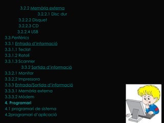   3.2.2  Memòria externa 3.2.2.1 Disc dur             		3.2.2.2 Disquet             		3.2.2.3 CD            		3.2.2.4 USB 3.3  Perifèrics 		3.3.1  Entrada d’informació 			3.3.1.1 Teclat 			3.3.1.2 Ratolí 			3.3.1.3  Scanner 3.3.2  Sortida d’informació 			3.3.2.1 Monitor 			3.3.2.2 Impressora 		3.3.3  Entrada/Sortida d’informació 			3.3.3.1 Memòria externa 			3.3.3.2 Mòdem 4. Programari 		4.1 programari de sistema 		4.2programari d’aplicació 