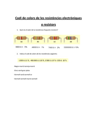Codi de colors de les resistències electròniques
o resistors
1. Quin és el valor de la resistència d’aquests resistors?
2. Indica el codi de colors de les resistències següents:
-Negre-marró-taronja-marró
-Groc-verd-groc-plata
-Vermell-verd-vermell-or
-Vermell-vermell-marró-vermell
 