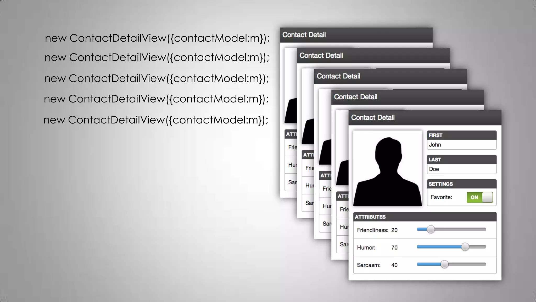 new ContactDetailView({contactModel:m});
new ContactDetailView({contactModel:m});
new ContactDetailView({contactModel:m});
new ContactDetailView({contactModel:m});
new ContactDetailView({contactModel:m});
 