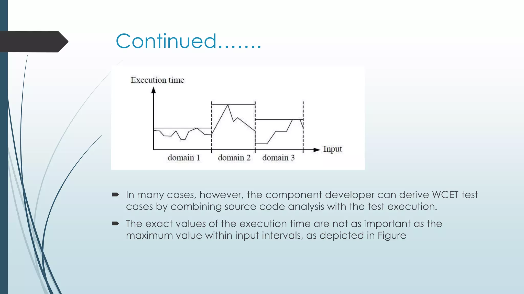 Continued…….
 In many cases, however, the component developer can derive WCET test
cases by combining source code analysis with the test execution.
 The exact values of the execution time are not as important as the
maximum value within input intervals, as depicted in Figure
 