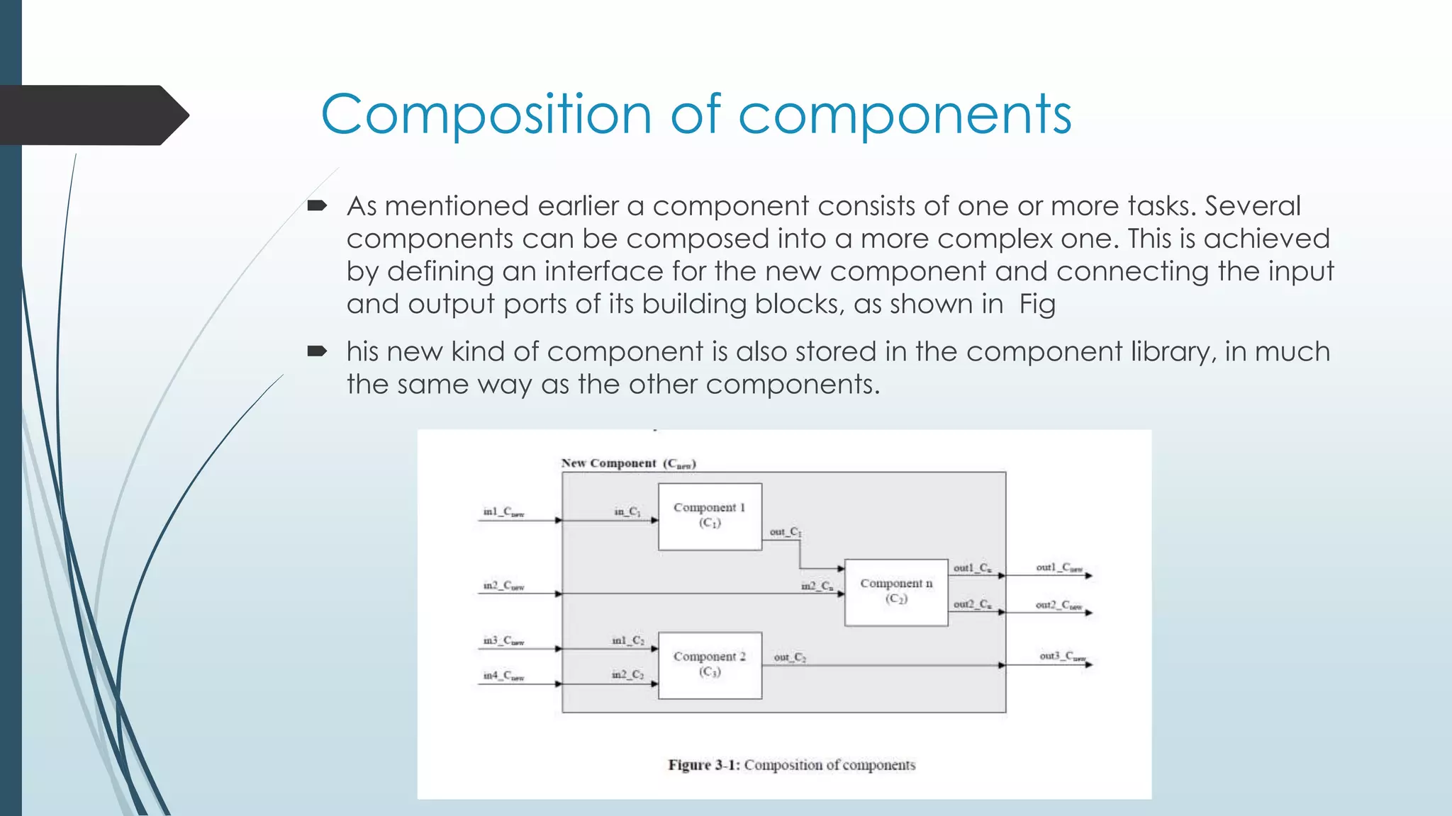 Composition of components
 As mentioned earlier a component consists of one or more tasks. Several
components can be composed into a more complex one. This is achieved
by defining an interface for the new component and connecting the input
and output ports of its building blocks, as shown in Fig
 his new kind of component is also stored in the component library, in much
the same way as the other components.
 