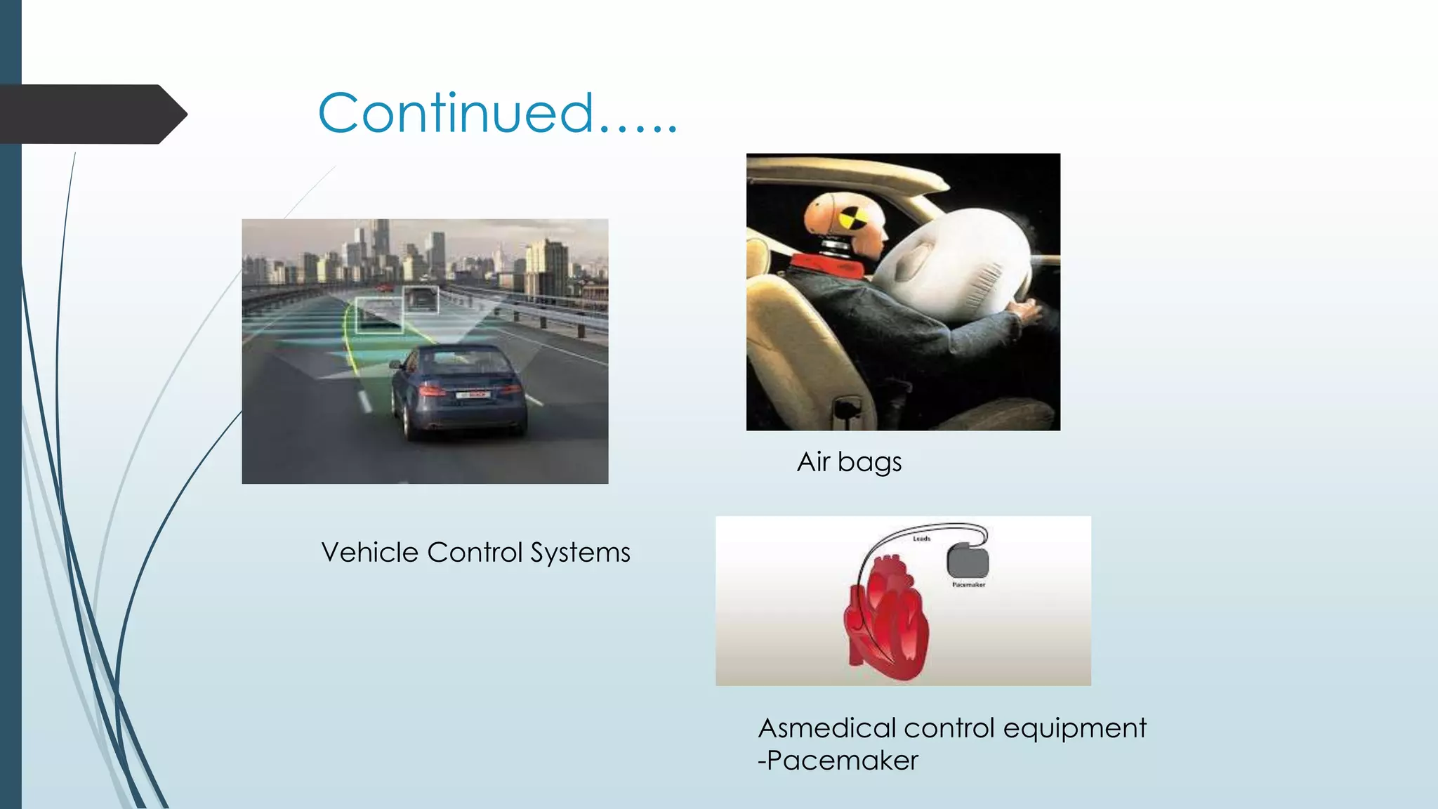 Continued…..
Asmedical control equipment
-Pacemaker
Air bags
Vehicle Control Systems
 