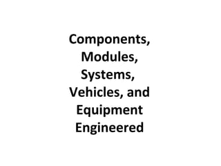 Components,
Modules,
Systems,
Vehicles, and
Equipment
Engineered
 