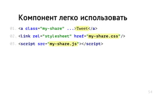 <a class="my-share" ...>Tweet</a>
<link rel="stylesheet" href="my-share.css"/>
<script src="my-share.js"></script>
Компонент легко использовать
01.
02.
03.
54
 