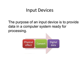 Input Devices
The purpose of an input device is to provide
data in a computer system ready for
processing.
 