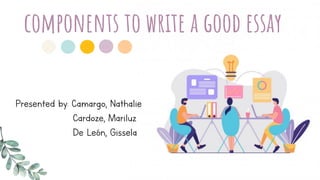 components to write a good essay
Presented by: Camargo, Nathalie
Cardoze, Mariluz
De León, Gissela
 