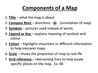 Components of a Map
1. Title – what the map is about
2. Compass Rose – directions (orientation of map)
3. Symbols – pictures used instead of words
4. Legend or Key – explains meaning of symbols and
colour
5. Colour – highlights important or different information
to help interpret maps
6. Scale – shows the proportion of map to real life
7. Grid reference – intersecting lines to help locate
specific places on the map. Ex. E8
 