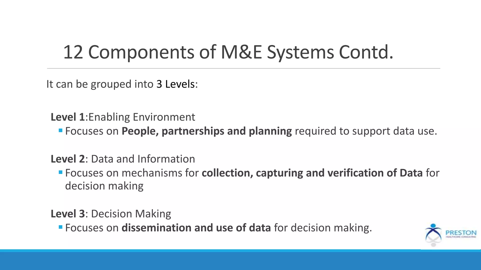 12 Components of M&E Systems Contd.
It can be grouped into 3 Levels:
Level 1:Enabling Environment
Focuses on People, partnerships and planning required to support data use.
Level 2: Data and Information
Focuses on mechanisms for collection, capturing and verification of Data for
decision making
Level 3: Decision Making
Focuses on dissemination and use of data for decision making.
 