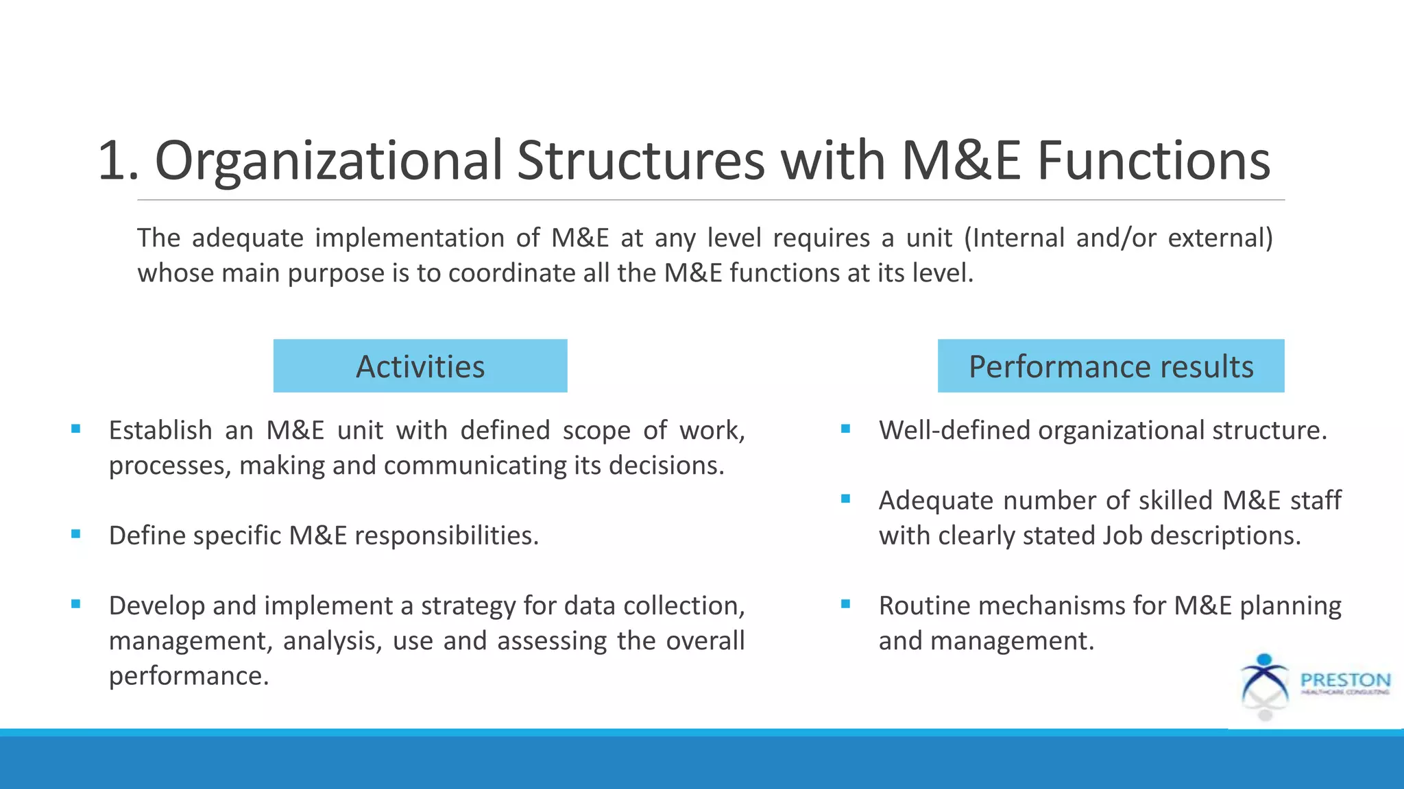 1. Organizational Structures with M&E Functions
The adequate implementation of M&E at any level requires a unit (Internal and/or external)
whose main purpose is to coordinate all the M&E functions at its level.
Activities
 Establish an M&E unit with defined scope of work,
processes, making and communicating its decisions.
 Define specific M&E responsibilities.
 Develop and implement a strategy for data collection,
management, analysis, use and assessing the overall
performance.
Performance results
 Well-defined organizational structure.
 Adequate number of skilled M&E staff
with clearly stated Job descriptions.
 Routine mechanisms for M&E planning
and management.
 