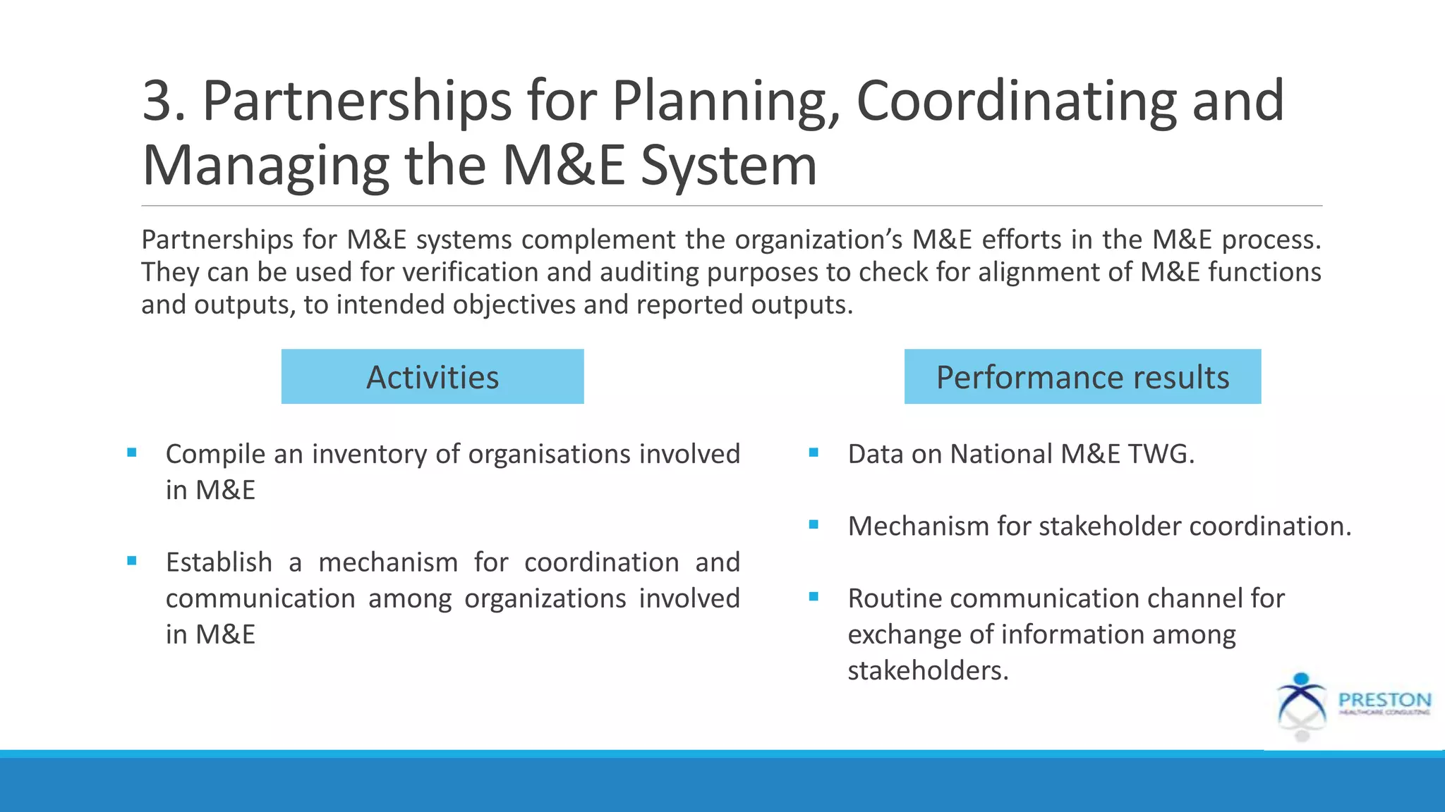 3. Partnerships for Planning, Coordinating and
Managing the M&E System
Partnerships for M&E systems complement the organization’s M&E efforts in the M&E process.
They can be used for verification and auditing purposes to check for alignment of M&E functions
and outputs, to intended objectives and reported outputs.
Activities Performance results
 Compile an inventory of organisations involved
in M&E
 Establish a mechanism for coordination and
communication among organizations involved
in M&E
 Data on National M&E TWG.
 Mechanism for stakeholder coordination.
 Routine communication channel for
exchange of information among
stakeholders.
 