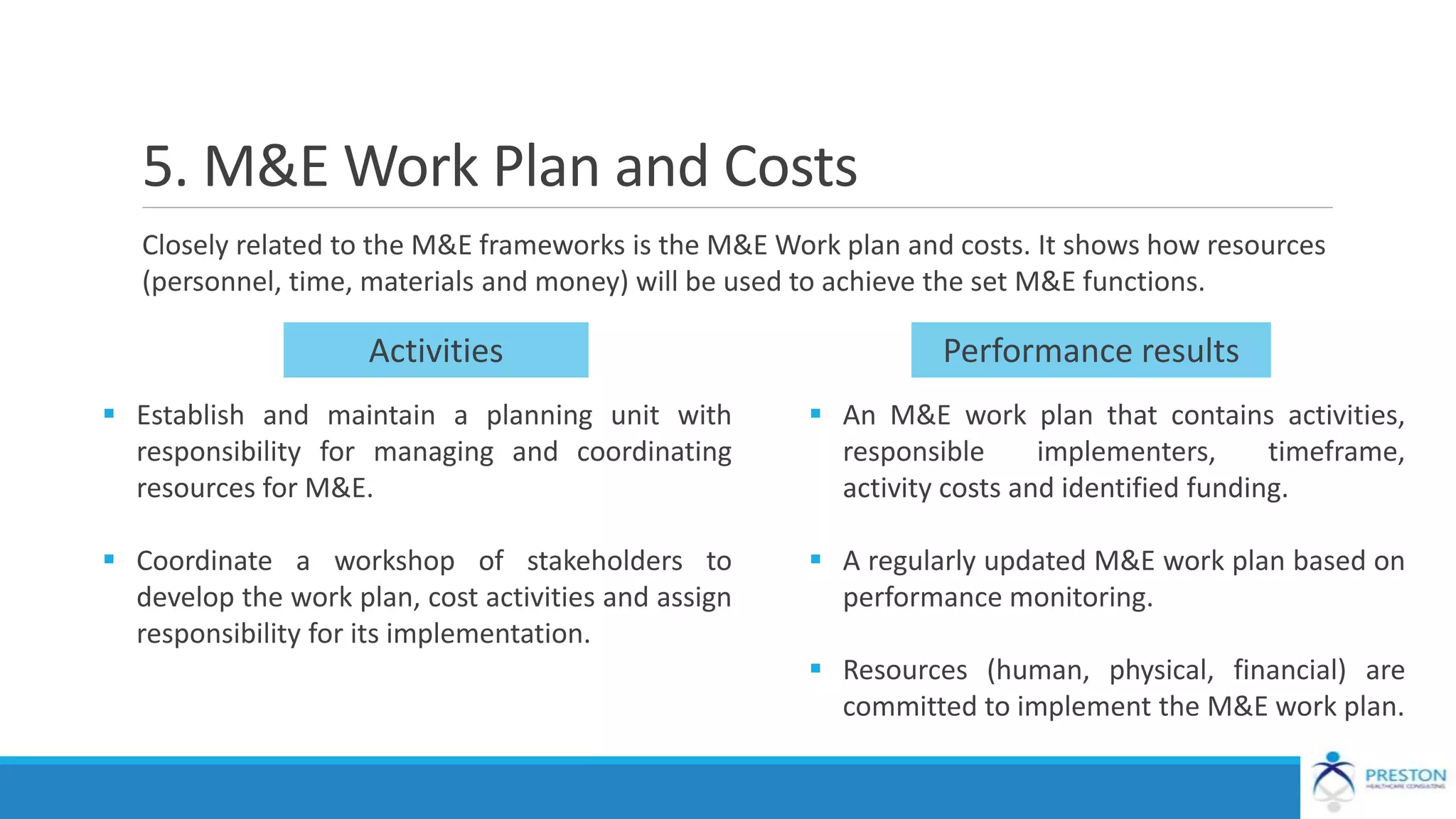 5. M&E Work Plan and Costs
Closely related to the M&E frameworks is the M&E Work plan and costs. It shows how resources
(personnel, time, materials and money) will be used to achieve the set M&E functions.
Activities Performance results
 Establish and maintain a planning unit with
responsibility for managing and coordinating
resources for M&E.
 Coordinate a workshop of stakeholders to
develop the work plan, cost activities and assign
responsibility for its implementation.
 An M&E work plan that contains activities,
responsible implementers, timeframe,
activity costs and identified funding.
 A regularly updated M&E work plan based on
performance monitoring.
 Resources (human, physical, financial) are
committed to implement the M&E work plan.
 