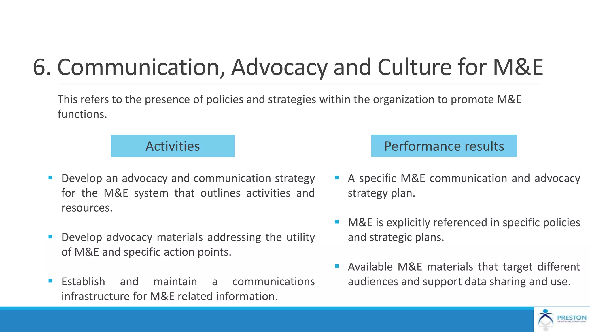 6. Communication, Advocacy and Culture for M&E
This refers to the presence of policies and strategies within the organization to promote M&E
functions.
 Develop an advocacy and communication strategy
for the M&E system that outlines activities and
resources.
 Develop advocacy materials addressing the utility
of M&E and specific action points.
 Establish and maintain a communications
infrastructure for M&E related information.
 A specific M&E communication and advocacy
strategy plan.
 M&E is explicitly referenced in specific policies
and strategic plans.
 Available M&E materials that target different
audiences and support data sharing and use.
Activities Performance results
 