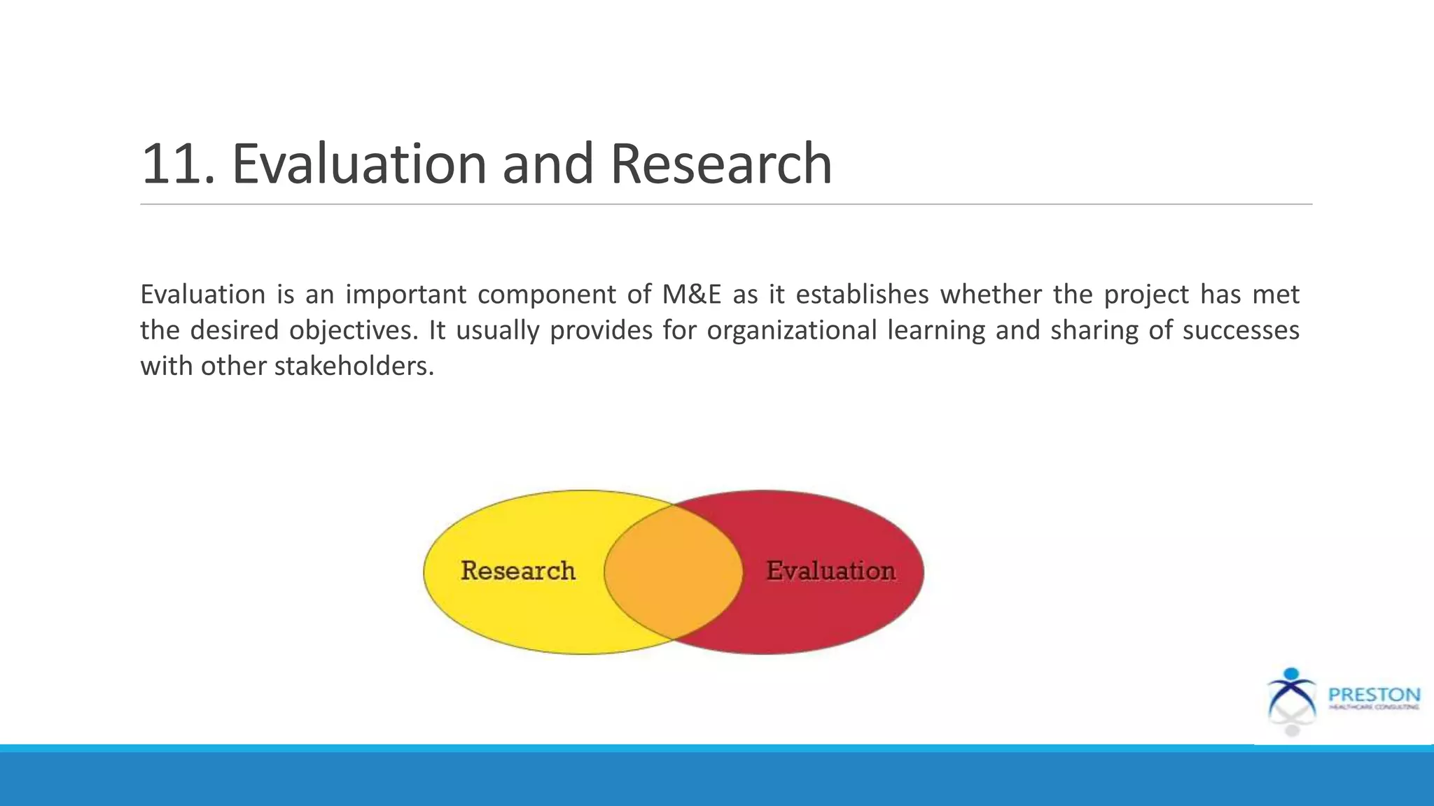 11. Evaluation and Research
Evaluation is an important component of M&E as it establishes whether the project has met
the desired objectives. It usually provides for organizational learning and sharing of successes
with other stakeholders.
 