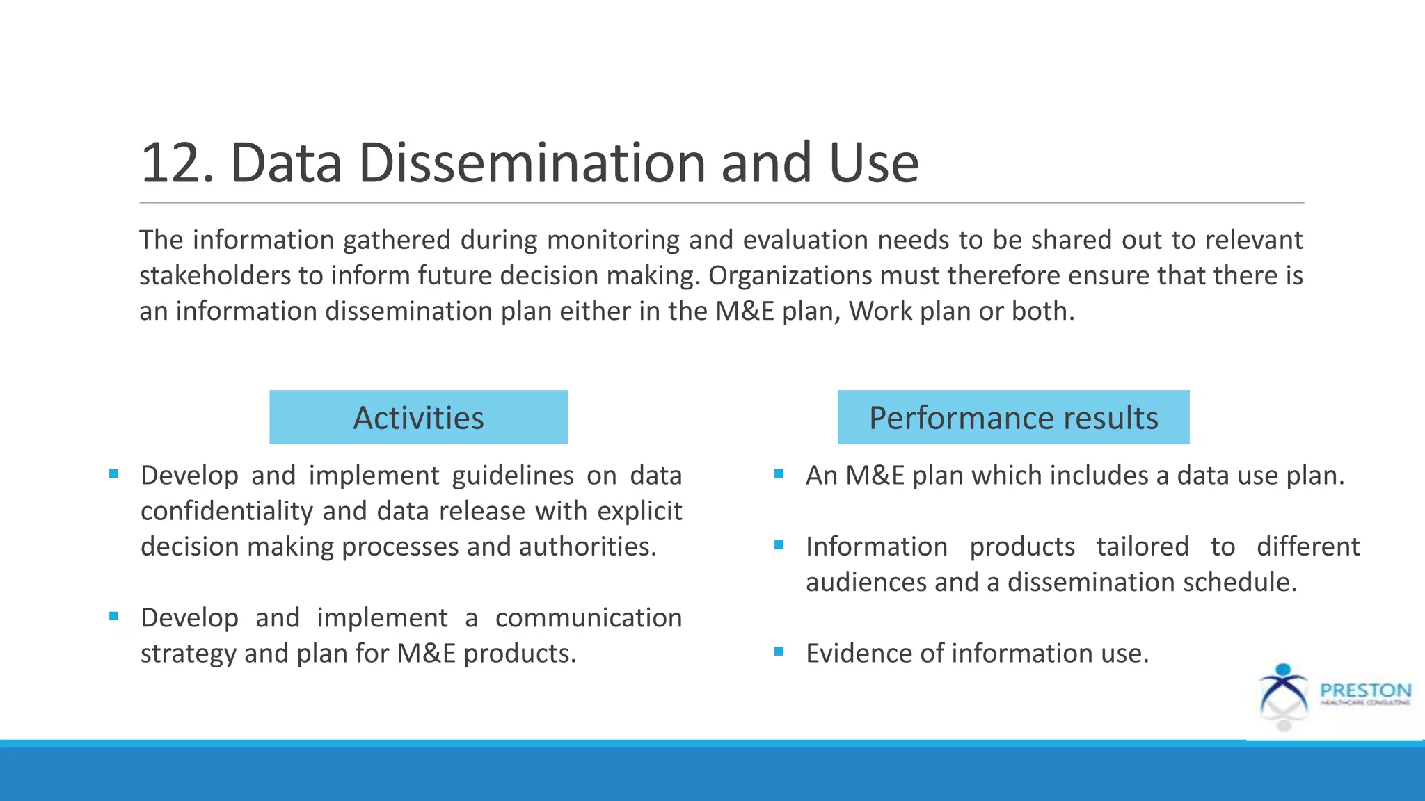 12. Data Dissemination and Use
The information gathered during monitoring and evaluation needs to be shared out to relevant
stakeholders to inform future decision making. Organizations must therefore ensure that there is
an information dissemination plan either in the M&E plan, Work plan or both.
Activities Performance results
 Develop and implement guidelines on data
confidentiality and data release with explicit
decision making processes and authorities.
 Develop and implement a communication
strategy and plan for M&E products.
 An M&E plan which includes a data use plan.
 Information products tailored to different
audiences and a dissemination schedule.
 Evidence of information use.
 