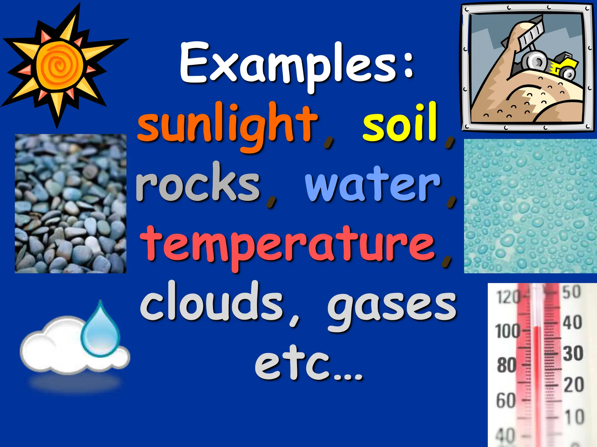 Examples:
sunlight, soil,
rocks, water,
temperature,
clouds, gases
etc…
 