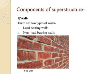 Components of superstructure-
1)Wall-
There are two types of walls-
I. Load bearing walls
II. Non- load bearing walls
Fig. wall
 