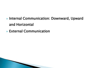 

Internal Communication: Downward, Upward

and Horizontal


External Communication

 