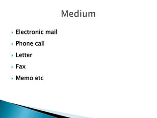 

Electronic mail



Phone call



Letter



Fax



Memo etc

 