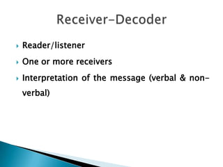 

Reader/listener



One or more receivers



Interpretation of the message (verbal & nonverbal)

 