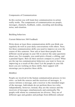 Components of Communication
In this section you will learn how communication in action
really works. The components of communication are people,
messages, channels, feedback, codes, encoding and decoding,
noise, and situation.
Building behaviors
Current Behaviors 360 Feedback
Write down at least three communication skills you think you
regularly do well in your daily conversations with others. Next,
list three communication skills you need to improve on over the
course of this semester. Now ask at least three people from
different social groups in your life to answer the same questions
about you. For example, you could pick a friend, a sibling, and
a parental figure. How do their answers compare to yours? What
are the top two communication behaviors you want to focus on
improving as a result of this class? Let the people in your life
know you are working on these skills; their support will
encourage you to practice these skills.
PEOPLE
People are involved in the human communication process in two
roles—as both the sources and the receivers of messages. A
source initiates a message, and a receiver is the intended target
of the message. Individuals do not perform these two roles
independently, however; instead, they are the sources and the
receivers of messages simultaneously and continually.The
people with whom we communicate are diverse. They are of
different ages and genders and perhaps from different cultural
 