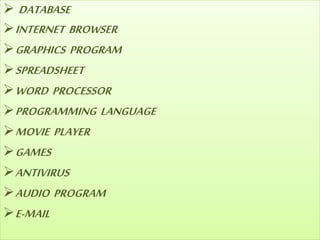  DATABASE
INTERNET BROWSER
GRAPHICS PROGRAM
SPREADSHEET
WORD PROCESSOR
PROGRAMMING LANGUAGE
MOVIE PLAYER
GAMES
ANTIVIRUS
AUDIO PROGRAM
E-MAIL
 