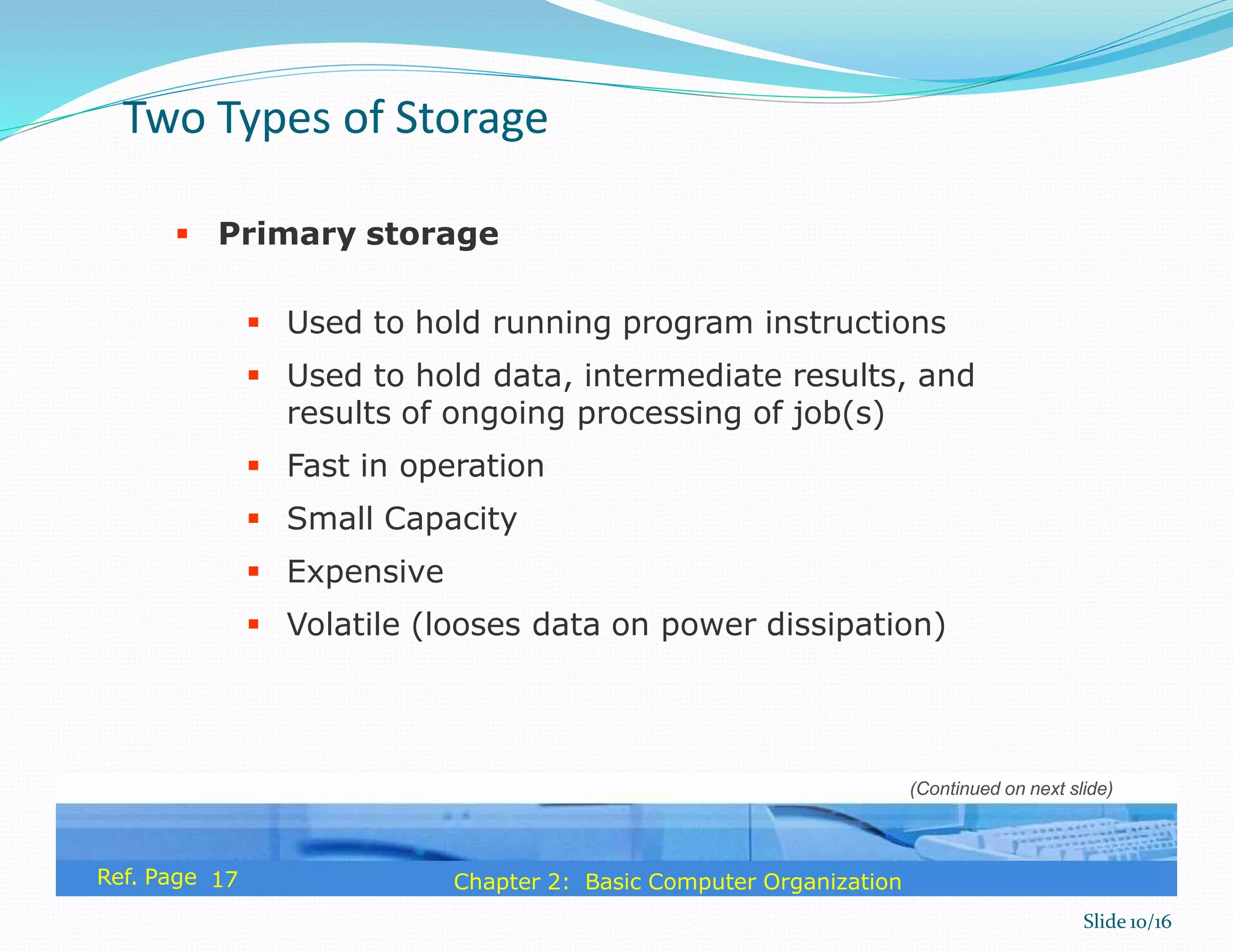  Primary storage
 Used to hold running program instructions
 Used to hold data, intermediate results, and
results of ongoing processing of job(s)
 Fast in operation
 Small Capacity
 Expensive
 Volatile (looses data on power dissipation)
Ref. Page 17
Two Types of Storage
Slide 10/16
Chapter 2: Basic Computer Organization
(Continued on next slide)
 